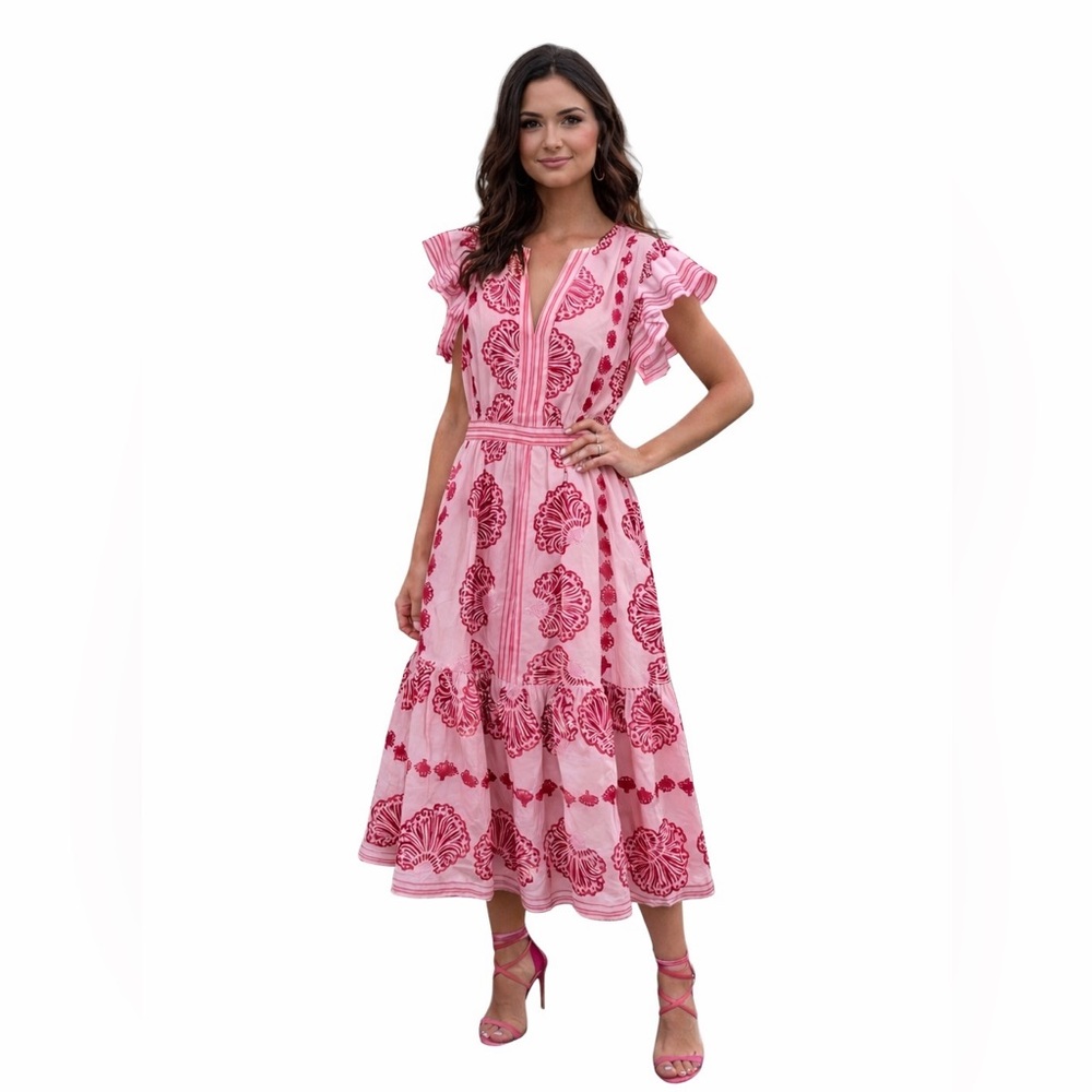 Léa Flutter Sleeve Pink Seashell Print Dress Size Large NWT